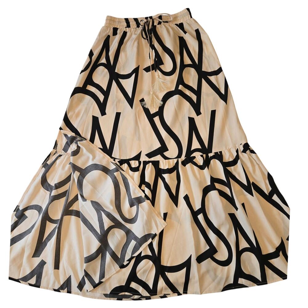 Sz Sm LUUKSE Cream Black Graphic Print Ruffle Slit Midi A-Line Skirt